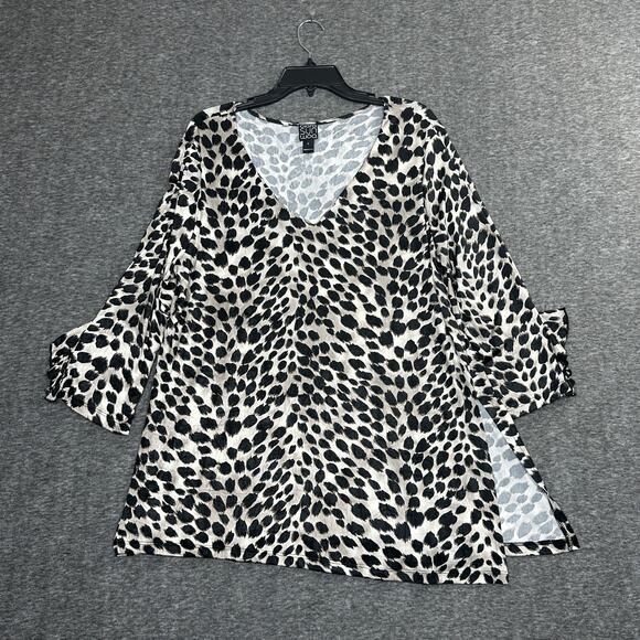 Clara Sun Woo Top Womens Large Animal Print 3/4 Sleeve Ruffle V Neck Slit - Picture 1 of 6
